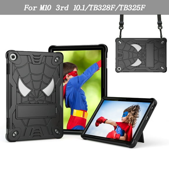 ELEHOLD Kids Case for Lenovo Tab M10 10.1" 2022 3rd Gen, Three-Layer Heavy Duty Rugged Cover with Foldable Kickstand Crossbody Shoulder Strap Shockproof Full Body Case,Black