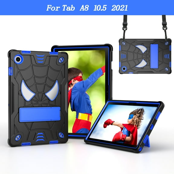 ELEHOLD Kids Case for Samsung Galaxy Tab A8 10.5 (2022), Heavy Duty Rugged Cover with Foldable Kickstand Crossbody Shoulder Strap Shockproof Full Body Protection Case (X200/X205),Black+Blue