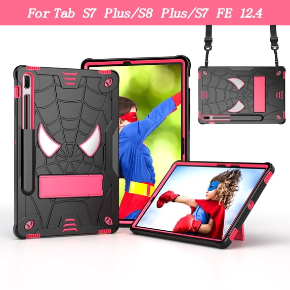 ELEHOLD Kids Case for Samsung Galaxy Tab S8 Plus/S7 Plus/S7 FE 12.4", Heavy Duty Rugged Cover with Foldable Kickstand Crossbody Shoulder Strap Pencil Holder Shockproof Full Body Case,Black+Rose