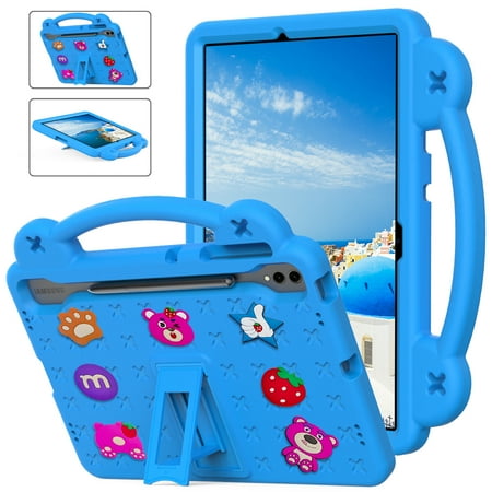 ELEHOLD Kids Case for Samsung Galaxy Tab S9 FE +/S9 Plus/S8 Plus/S7 FE/S7 Plus 12.4" Tablet Case, EVA Foam Cute Cartoon Case with Built-in Kickstand Portable Handle Shockproof Protective Case,Skyblue
