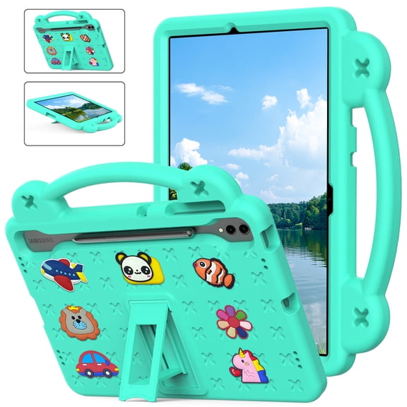ELEHOLD Kids Case for Samsung Galaxy Tab S9 FE+/S9 Plus/S8 Plus/S7 FE /S7 Plus EVA Foam Cute Cartoon Case with Built-in Kickstand Shockproof Portable Case with DIY Accessories,Mint