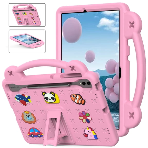 ELEHOLD Kids Case for Samsung Galaxy Tab S9 FE+/S9 Plus/S8 Plus/S7 FE /S7 Plus EVA Foam Cute Cartoon Case with Built-in Kickstand Shockproof Portable Case with DIY Accessories,Pink