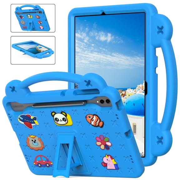 ELEHOLD Kids Case for Samsung Galaxy Tab S9 FE+/S9 Plus/S8 Plus/S7 FE /S7 Plus EVA Foam Cute Cartoon Case with Built-in Kickstand Shockproof Portable Case with DIY Accessories,Light Blue