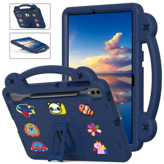 ELEHOLD Kids Case for Samsung Galaxy Tab S9 FE+/S9 Plus/S8 Plus/S7 FE /S7 Plus EVA Foam Cute Cartoon Case with Built-in Kickstand Shockproof Portable Case with DIY Accessories,Deep Blue