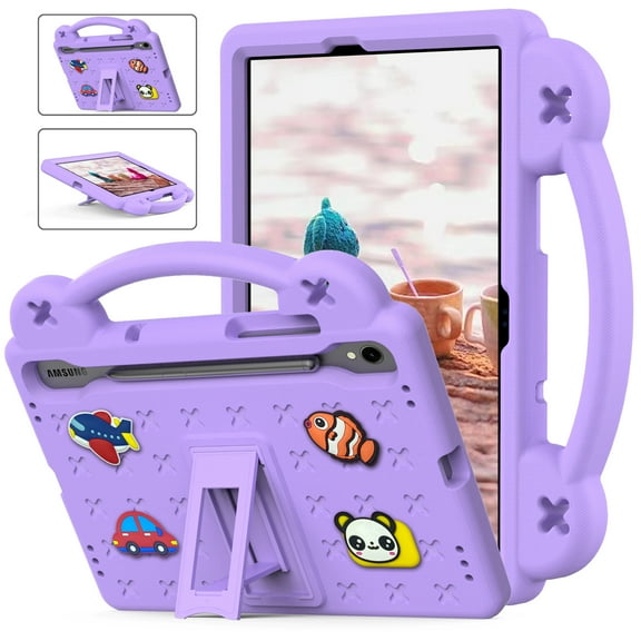 ELEHOLD Kids Case for Samsung Galaxy Tab S9/Tab S8/Tab S7 EVA Foam Cute Cartoon Case with Built-in Kickstand Shockproof Portable Case for Galaxy Tab X710/X700/T870 with DIY Accessories,Purple