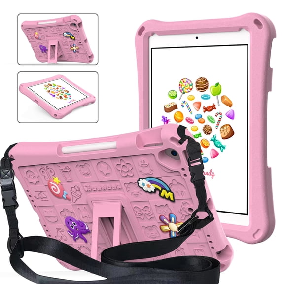 ELEHOLD Kids Case for Apple iPad 9th/8th/7th Gen with Kickstand Soft EVA Rugged Shockproof Anti-Scratch Cover with Detachable Strap,Pink