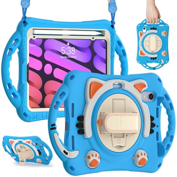 ELEHOLD Kids Case for iPad 10th Gen 10.9" (2022), Cute Cat Design Heavy Duty Rugged Case with Kickstand Handstrap Shoulder Strap Pencil Holder Shockproof Case for iPad 10th, LightBlue