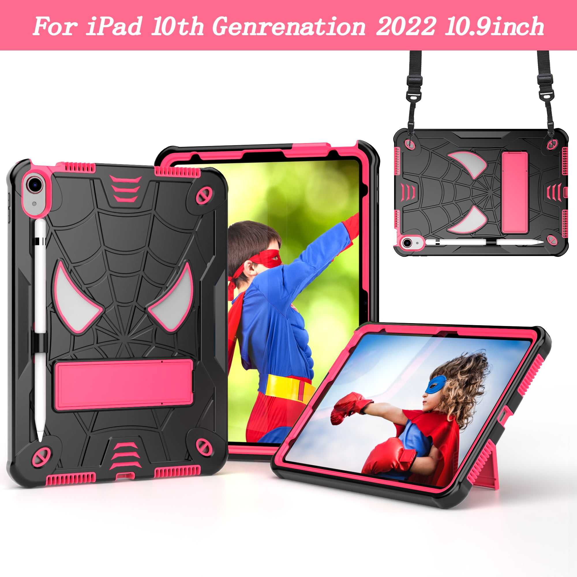 ELEHOLD Kids Case for iPad 10th Generation 10.9" 2022, Heavy Duty Rugged Cover with Foldable Kickstand  Crossbody Shoulder Strap Pencil Holder Shockproof Case for iPad 10.9" Case,Black+Rose