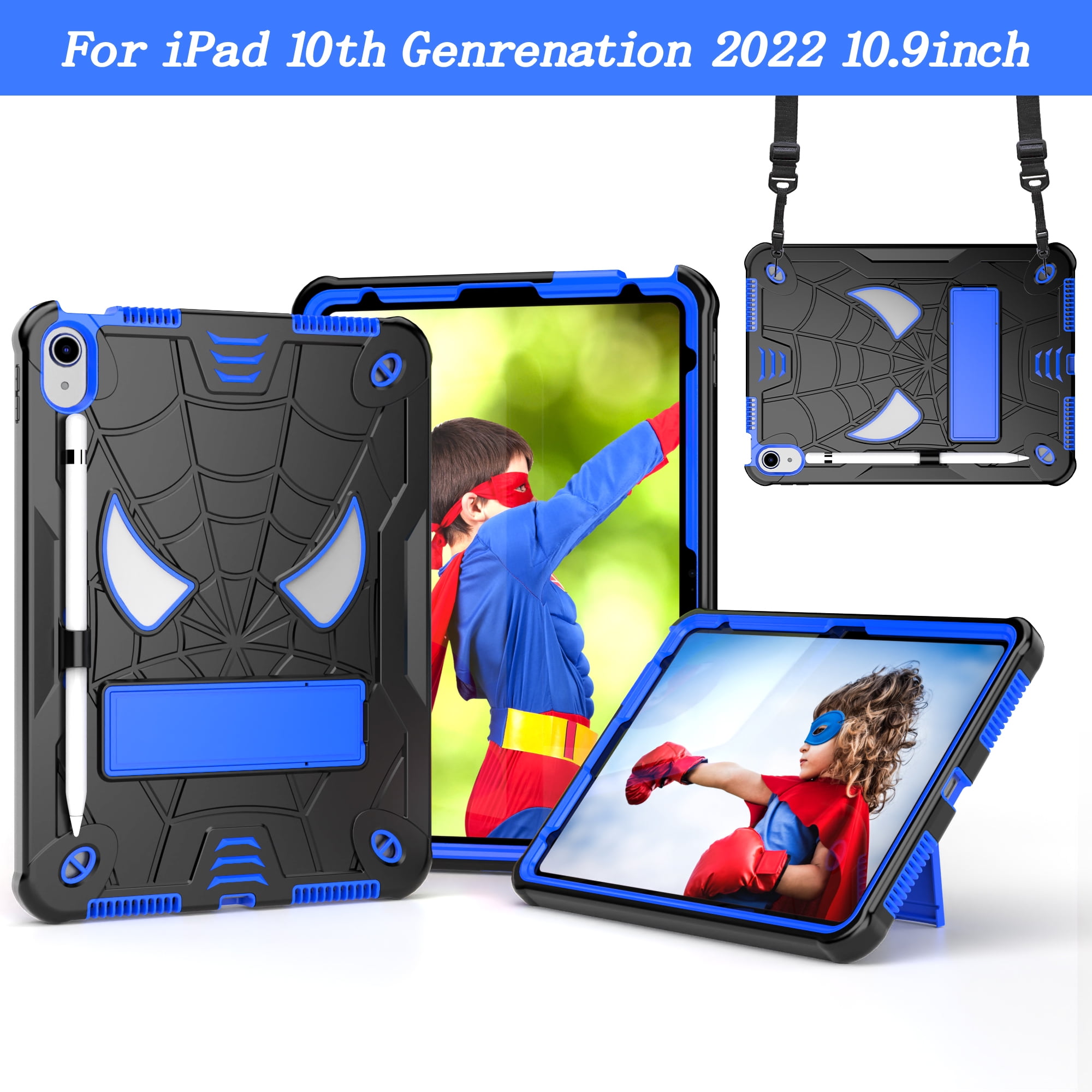 ELEHOLD Kids Case for iPad 10th Generation 10.9" 2022, Heavy Duty Rugged Cover with Foldable Kickstand  Crossbody Shoulder Strap Pencil Holder Shockproof Case for iPad 10.9" Case,Black+Blue