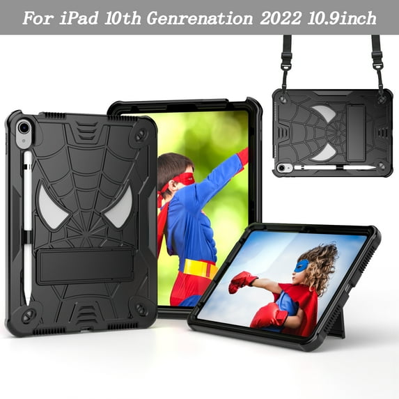 ELEHOLD Kids Case for iPad 10th Generation 10.9" 2022, Heavy Duty Rugged Cover with Foldable Kickstand Crossbody Shoulder Strap Pencil Holder Shockproof Case for iPad 10.9" Case,Black