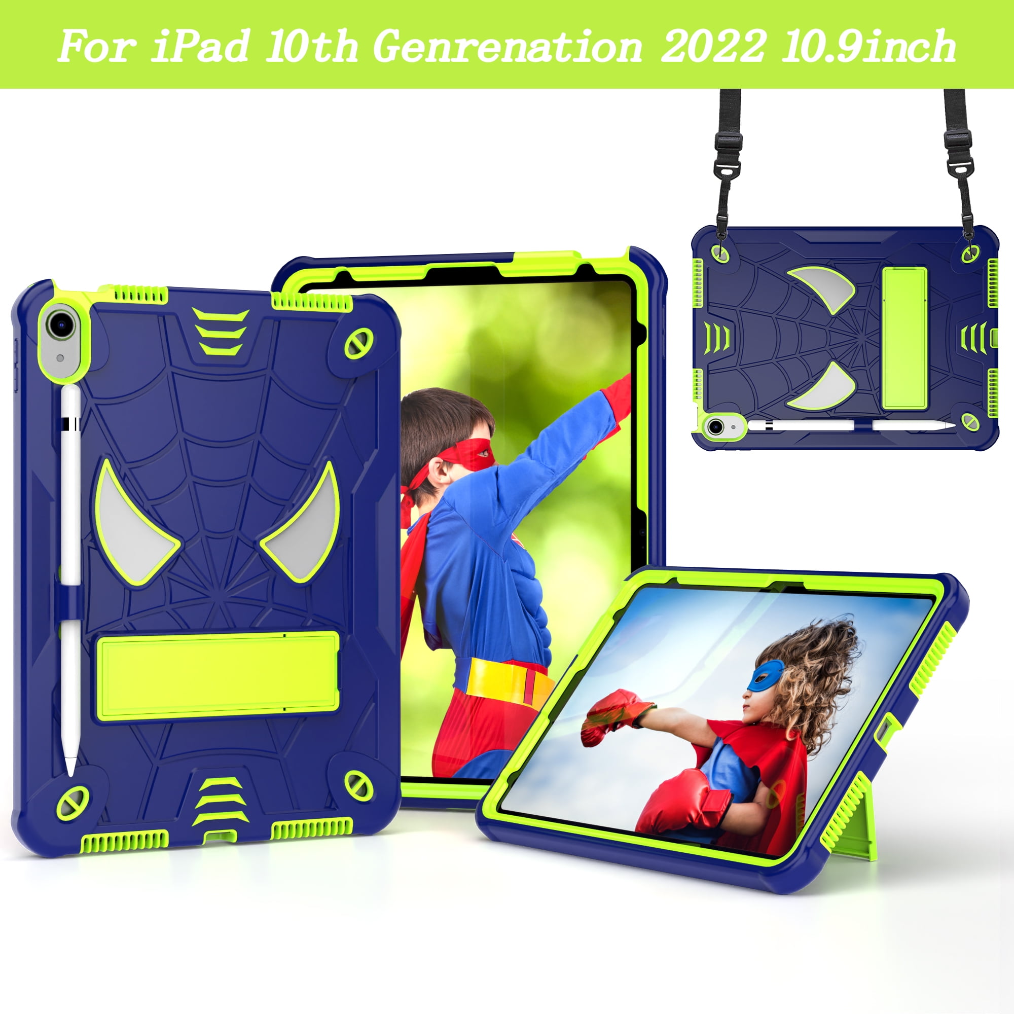 ELEHOLD Kids Case for iPad 10th Generation 10.9" 2022, Heavy Duty Rugged Cover with Foldable Kickstand Crossbody Shoulder Strap Pencil Holder Shockproof Case for iPad 10.9" Case,Blue+Chartreuse