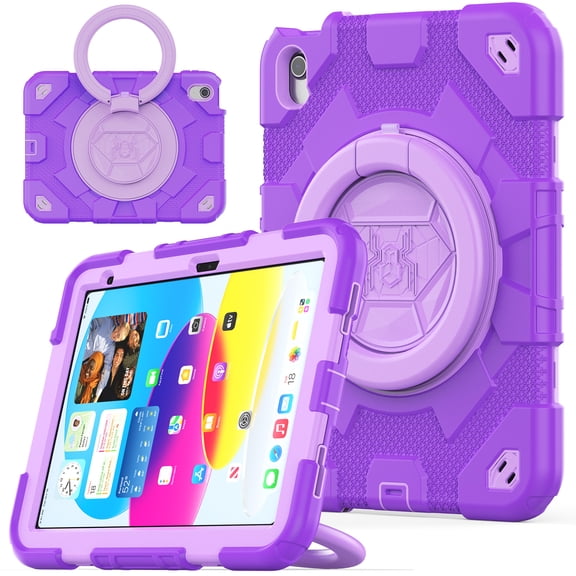 ELEHOLD Kids Case for iPad 10th Generation 10.9" 2022, Three-Layer Heavy Duty Rugged Shockproof Case with 360° Rotatable Folding Handle Grip Kickstand Crossbody Shoulder Strap for iPad 10th Gen,Purple