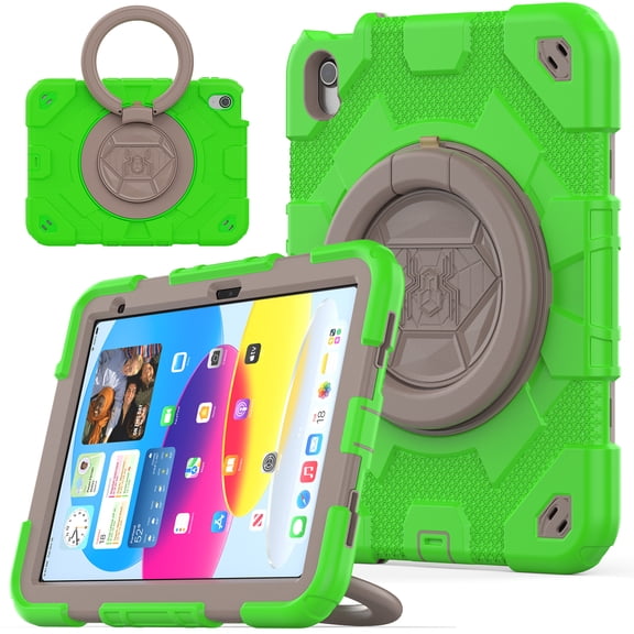 ELEHOLD Kids Case for iPad 10th Generation 10.9" 2022, Three-Layer Heavy Duty Rugged Shockproof Case with 360° Rotatable Folding Handle Grip Kickstand Crossbody Shoulder Strap for iPad 10th Gen,Green