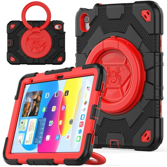 ELEHOLD Kids Case for iPad 10th Generation 10.9" 2022, Three-Layer Heavy Duty Rugged Shockproof Case with 360° Rotatable Folding Handle Grip Kickstand Crossbody Shoulder Strap for iPad 10th Gen,Red