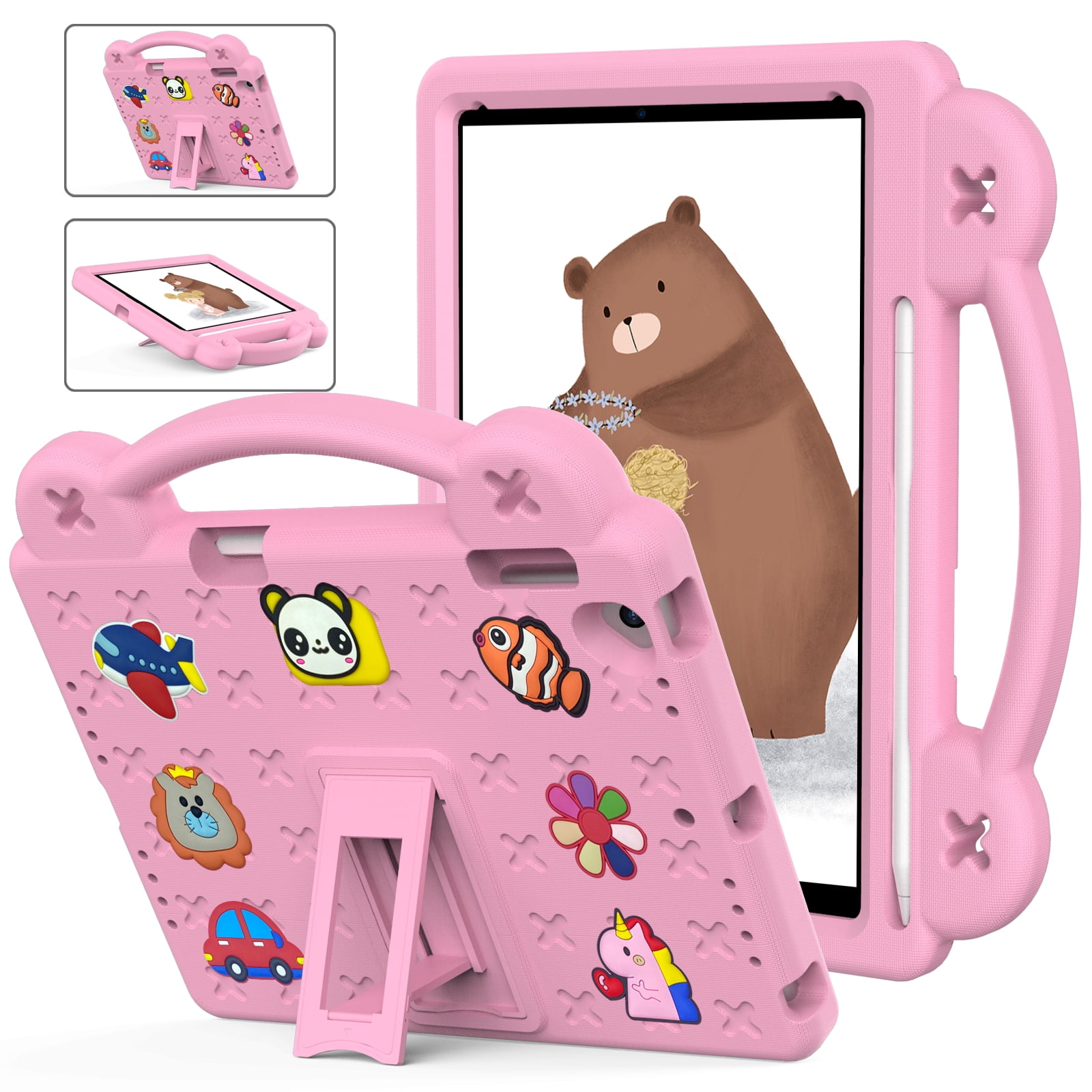 ELEHOLD Kids Case for iPad 6th/5th Gen/Pro (2018/2017/2016) 9.7 inch, EVA Foam Cute Cartoon Case with Built-in Kickstand Pencil Holder Shockproof Portable Case for iPad 9.7"/iPad Air/Air 2,Pink