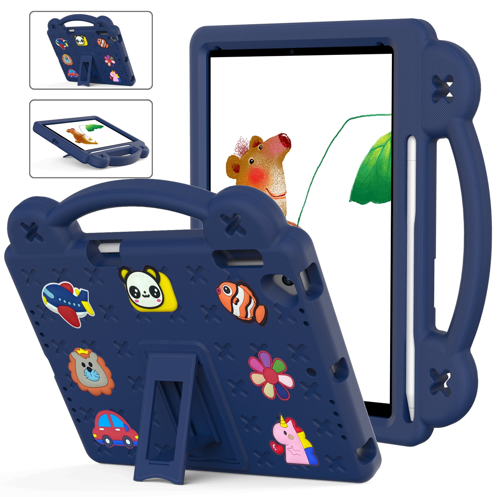 ELEHOLD Kids Case for iPad 6th/5th Gen/Pro (2018/2017/2016) 9.7 inch, EVA Foam Cute Cartoon Case with Built-in Kickstand Pencil Holder Shockproof Portable Case for iPad 9.7"/iPad Air/Air 2,Navyblue