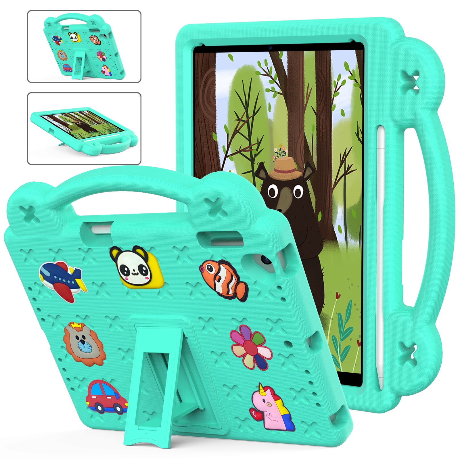 ELEHOLD Kids Case for iPad 6th/5th Gen/Pro (2018/2017/2016) 9.7 inch, EVA Foam Cute Cartoon Case with Built-in Kickstand Pencil Holder Shockproof Portable Case for iPad 9.7"/iPad Air/Air 2,Mintgreen