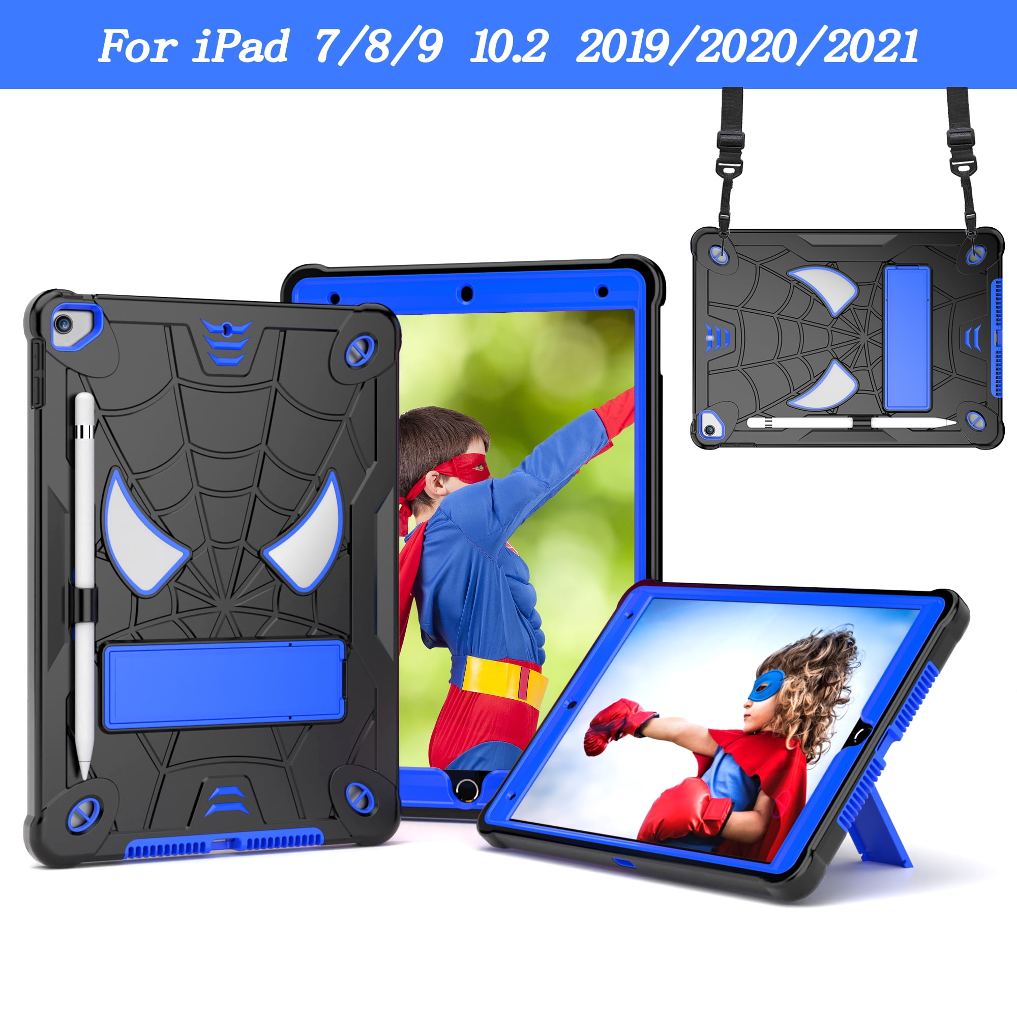 ELEHOLD Kids Case for iPad 9th/8th/7th Gen 10.2" 2021/2020/2019, Heavy Duty Rugged Cover with Foldable Kickstand Crossbody Shoulder Strap Pencil Holder Shockproof Case for iPad 10.2",Black+Blue