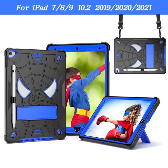 ELEHOLD Kids Case for iPad 9th/8th/7th Gen 10.2" 2021/2020/2019, Heavy Duty Rugged Cover with Foldable Kickstand Crossbody Shoulder Strap Pencil Holder Shockproof Case for iPad 10.2",Black+Blue
