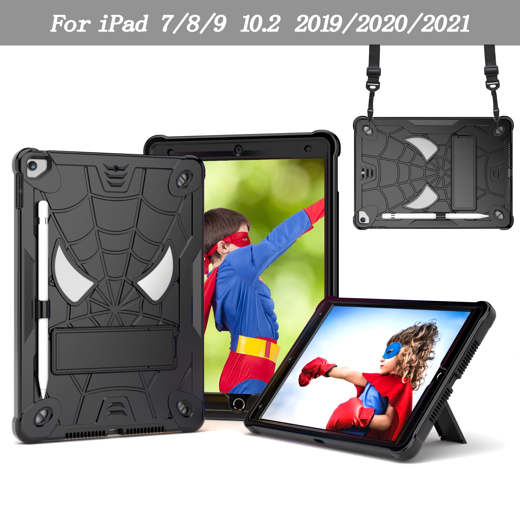 ELEHOLD Kids Case for iPad 9th/8th/7th Gen 10.2" 2021/2020/2019, Heavy Duty Rugged Cover with Foldable Kickstand Crossbody Shoulder Strap Pencil Holder Shockproof Case for iPad 10.2",Black