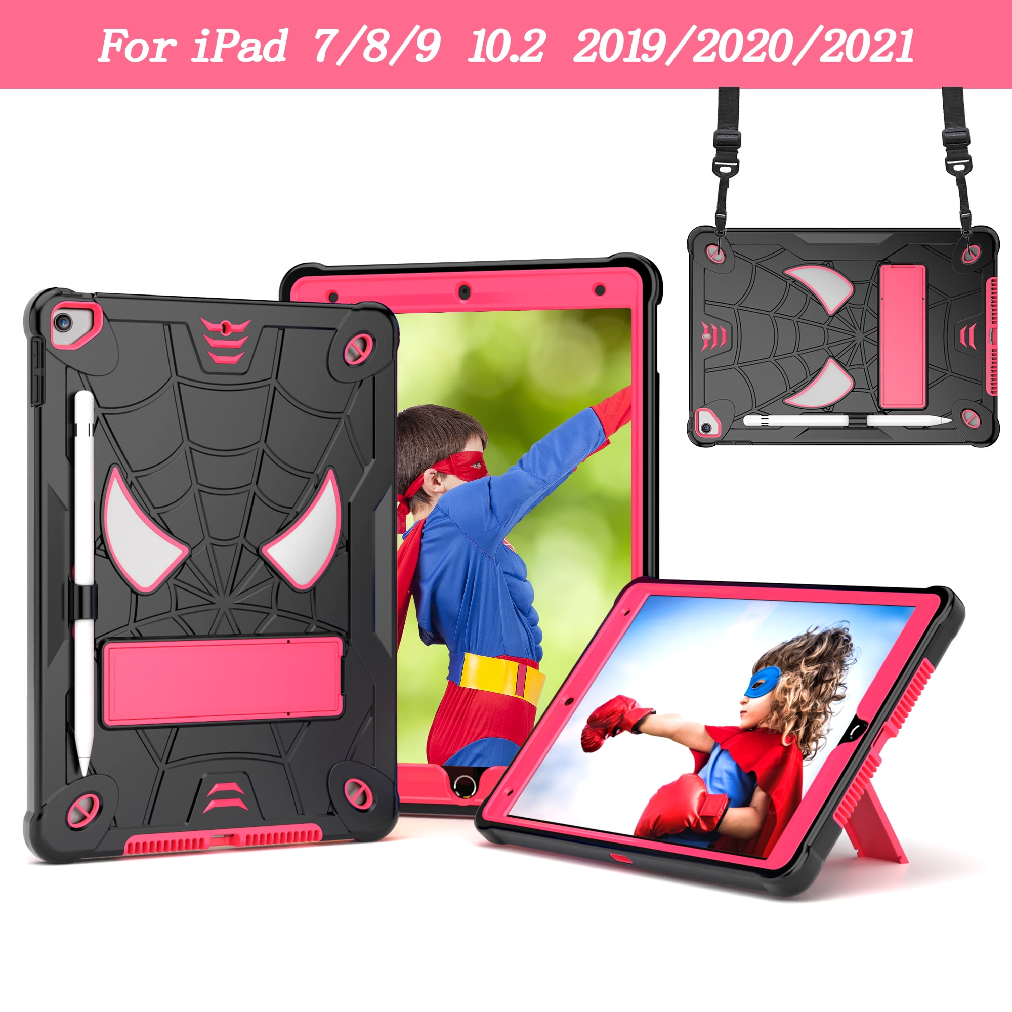 ELEHOLD Kids Case for iPad 9th/8th/7th Gen 10.2" 2021/2020/2019, Heavy Duty Rugged Cover with Foldable Kickstand Crossbody Shoulder Strap Pencil Holder Shockproof Case for iPad 10.2",Black+Rose