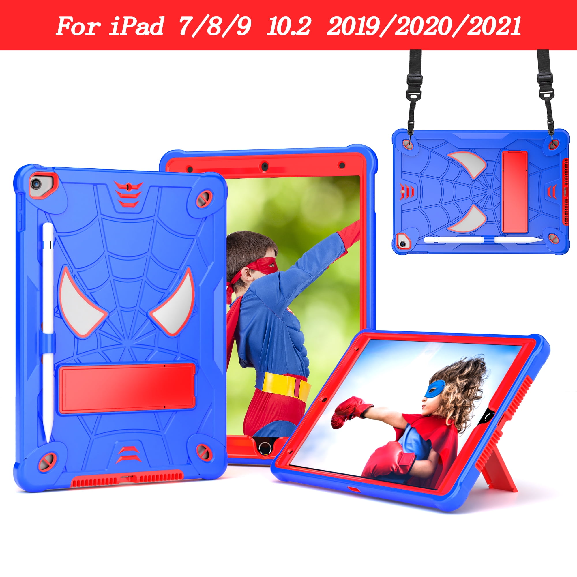 ELEHOLD Kids Case for iPad 9th/8th/7th Gen 10.2" 2021/2020/2019, Heavy Duty Rugged Cover with Foldable Kickstand Crossbody Shoulder Strap Pencil Holder Shockproof Case for iPad 10.2",Blue+Red