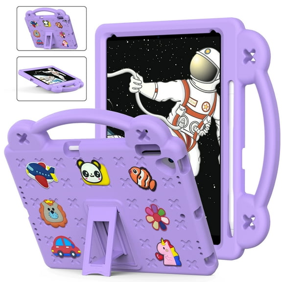 ELEHOLD Kids Case for iPad 9th/8th/7th Gen (2021/2020/2019)10.2 inch, EVA Foam Cute Cartoon Case with Built-in Kickstand Pencil Holder Shockproof Portable Case for iPad 10.2",Lightpurple