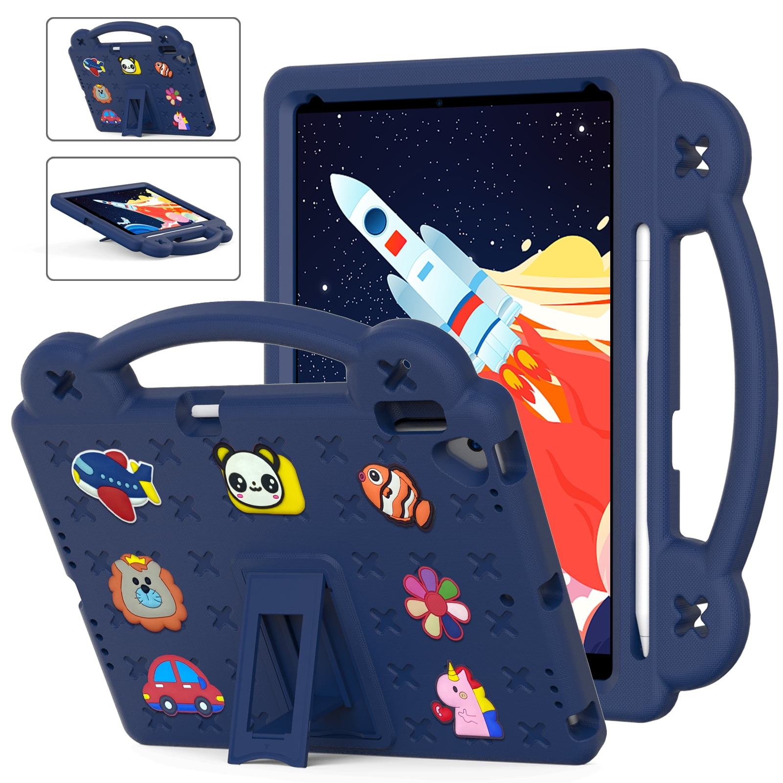 ELEHOLD Kids Case for iPad 9th/8th/7th Gen (2021/2020/2019)10.2 inch, EVA Foam Cute Cartoon Case with Built-in Kickstand Pencil Holder Shockproof Portable Case for iPad 10.2",Navyblue
