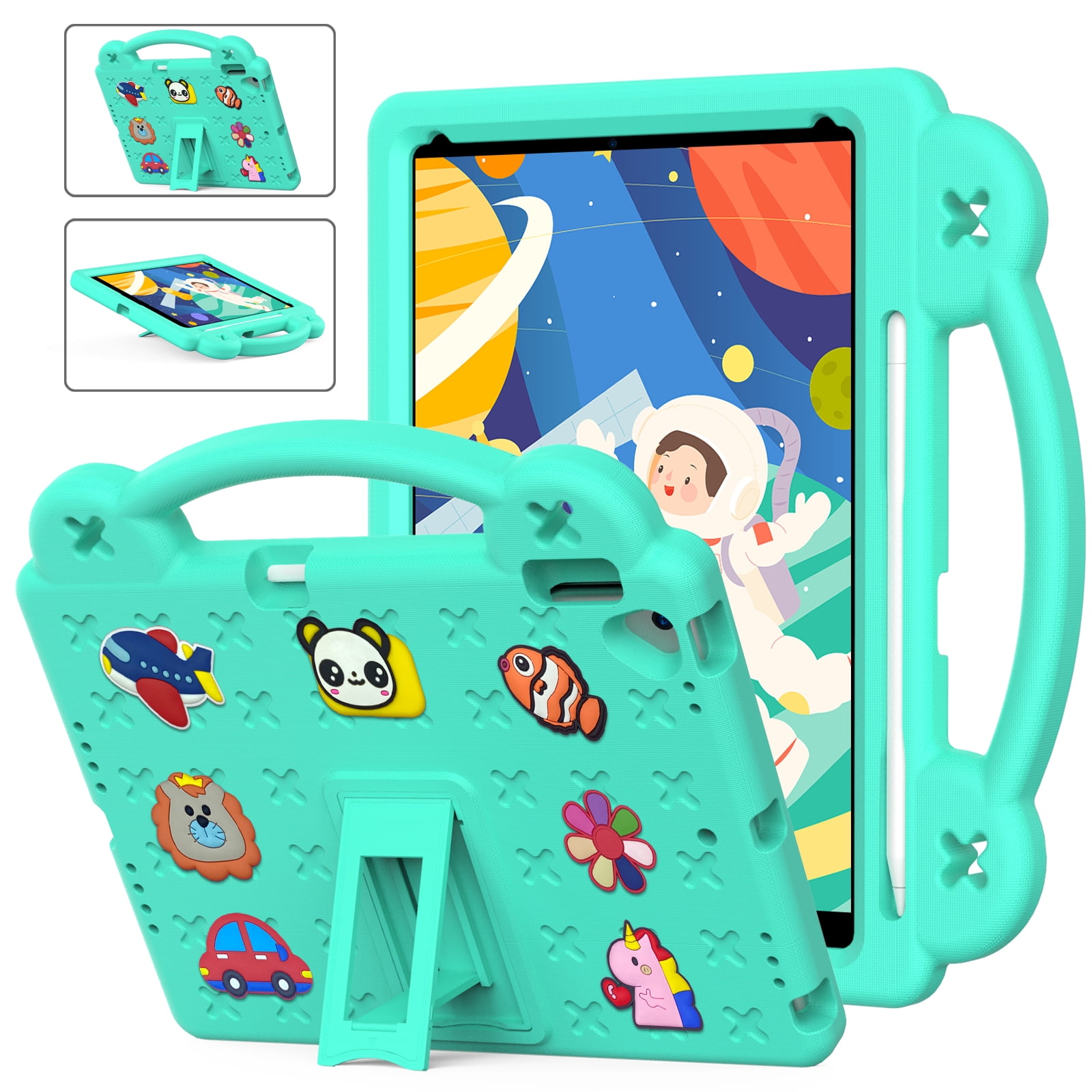 ELEHOLD Kids Case for iPad 9th/8th/7th Gen (2021/2020/2019)10.2 inch, EVA Foam Cute Cartoon Case with Built-in Kickstand Pencil Holder Shockproof Portable Case for iPad 10.2",Mintgreen