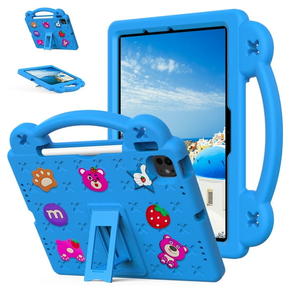 ELEHOLD Kids Case for iPad Air 11 inch 2024,iPad Pro 11 inch 2024 EVA Foam Cute Cartoon Case with Built-in Kickstand Shockproof Handle Stand Cover,Skyblue