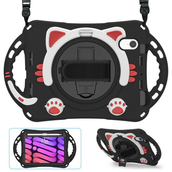 ELEHOLD Kids Case for iPad Mini 6, Cute Cat Design Heavy Duty Rugged Case with Kickstand Handstrap Shoulder Strap Pencil Holder Shockproof Case For iPad mini (6th Generation),Blackred