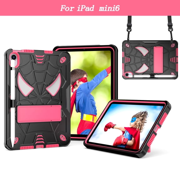 ELEHOLD Kids Case for iPad Mini 6th Generation 2021, Heavy Duty Rugged Cover with Foldable Kickstand  Crossbody Shoulder Strap Pencil Holder Shockproof Case For iPad Mini 6,Black+Rose