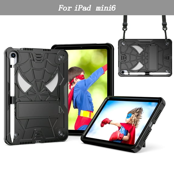 ELEHOLD Kids Case for iPad Mini 6th Generation 2021, Heavy Duty Rugged Cover with Foldable Kickstand Crossbody Shoulder Strap Pencil Holder Shockproof Case For iPad Mini 6,Black