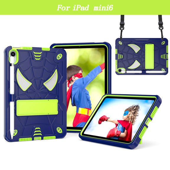 ELEHOLD Kids Case for iPad Mini 6th Generation 2021, Heavy Duty Rugged Cover with Foldable Kickstand  Crossbody Shoulder Strap Pencil Holder Shockproof Case For iPad Mini 6,Blue+Chartreuse