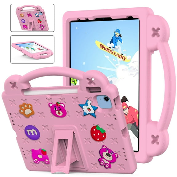 ELEHOLD Kids Case for iPad Pro 11 2022/2021/2020/2018, iPad Air 5 Case / iPad Air 4 Case, EVA Foam Cute Cartoon Case with Built-in Kickstand Portable Handle Shockproof Full Body Case, Pink