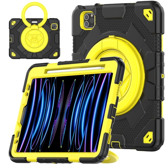 ELEHOLD Kids Case for iPad Pro 11" (2022/2021/2020/2018) / iPad Air4 Air5 10.9",Rugged Shockproof Case with 360° Rotatable Folding Handle Grip Kickstand Crossbody Shoulder Strap Pencil Holder,Yellow