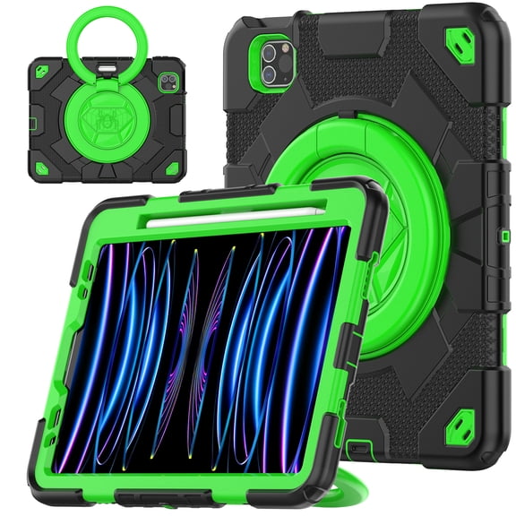 ELEHOLD Kids Case for iPad Pro 11" (2022/2021/2020/2018) / iPad Air4 Air5 10.9",Rugged Shockproof Case with Rotatable Folding Handle Grip Kickstand Crossbody Shoulder Strap Pencil Holder,Black+Green