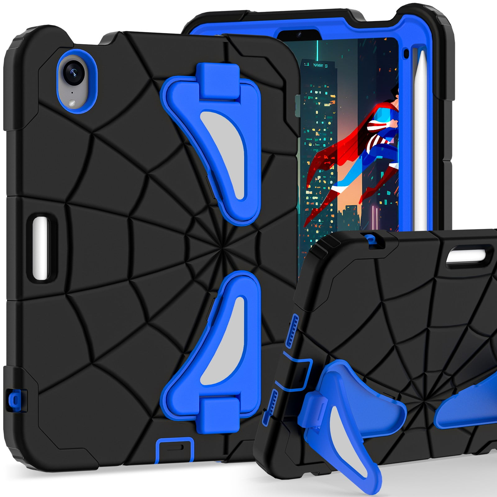 ELEHOLD Kids Friendly Case For Apple iPad mini 7th(A17 Pro) 2024/6th, Heavy Duty Shockproof Rugged Protective Case with Pencil Holder Foldable Kickstand for Boys Children Case, Black+Blue