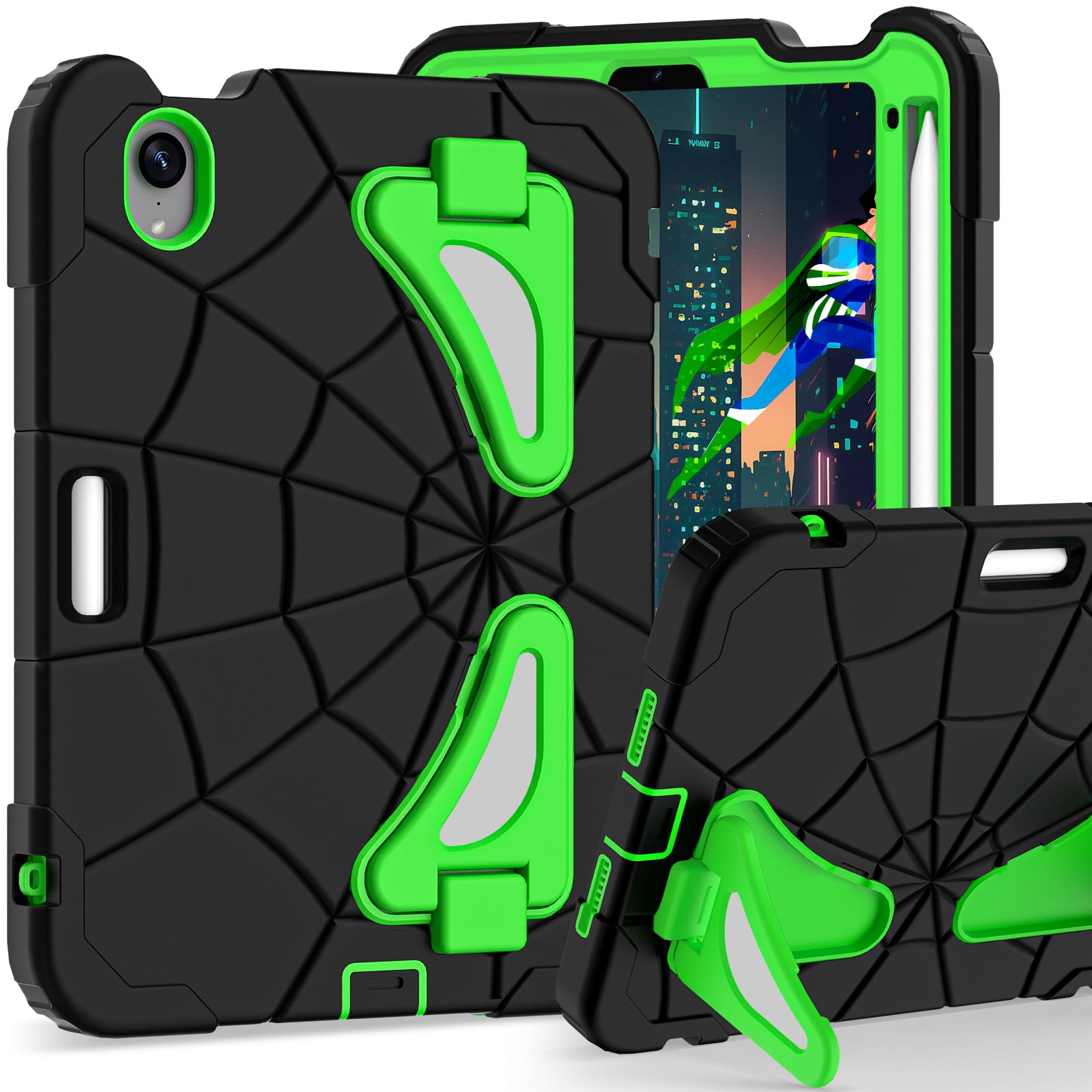 ELEHOLD Kids Friendly Case For Apple iPad mini 7th(A17 Pro) 2024/6th, Heavy Duty Shockproof Rugged Protective Case with Pencil Holder Foldable Kickstand for Boys Children Case, Black+Green