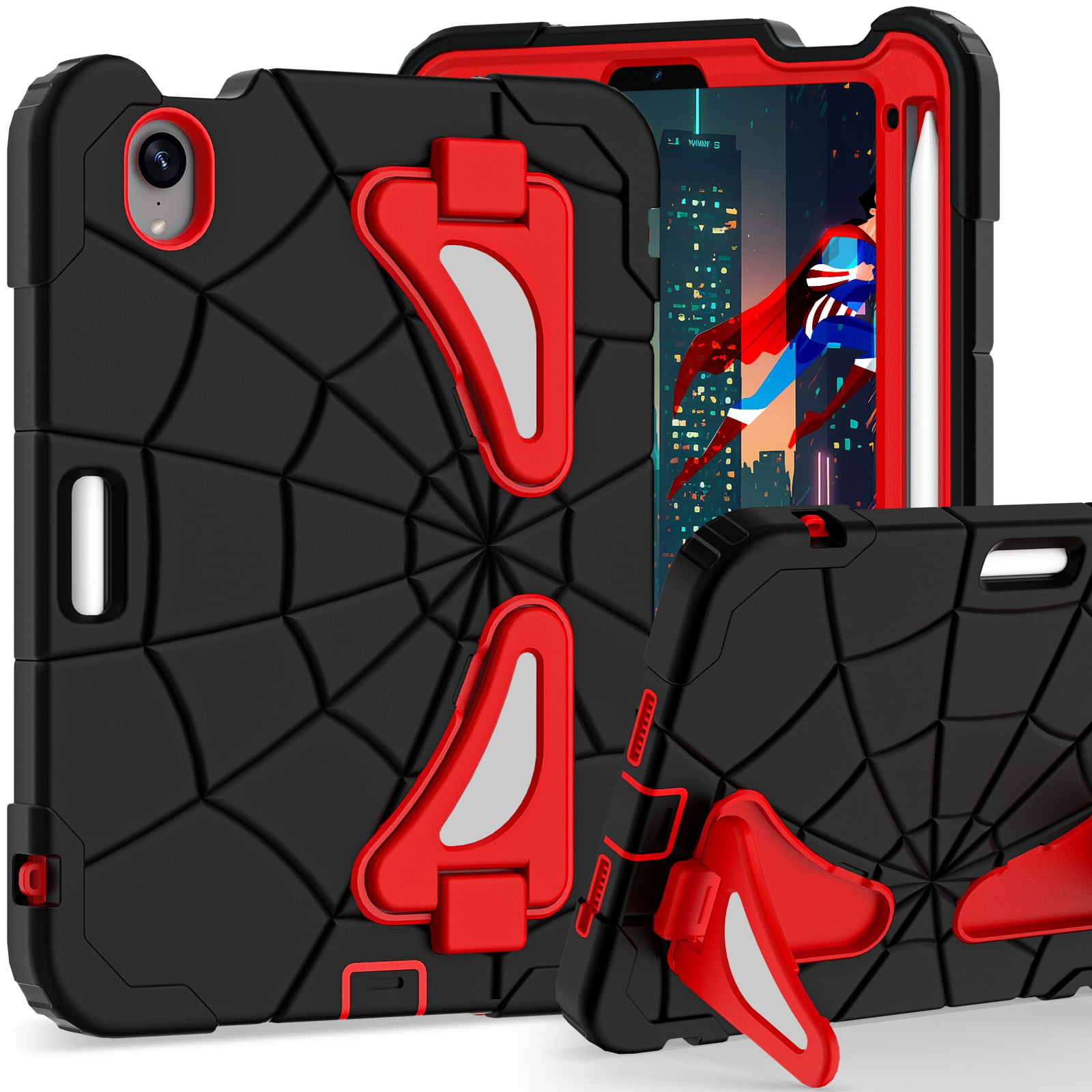 ELEHOLD Kids Friendly Case For Apple iPad mini 7th(A17 Pro) 2024/6th, Heavy Duty Shockproof Rugged Protective Case with Pencil Holder Foldable Kickstand for Boys Children Case, Black+Red