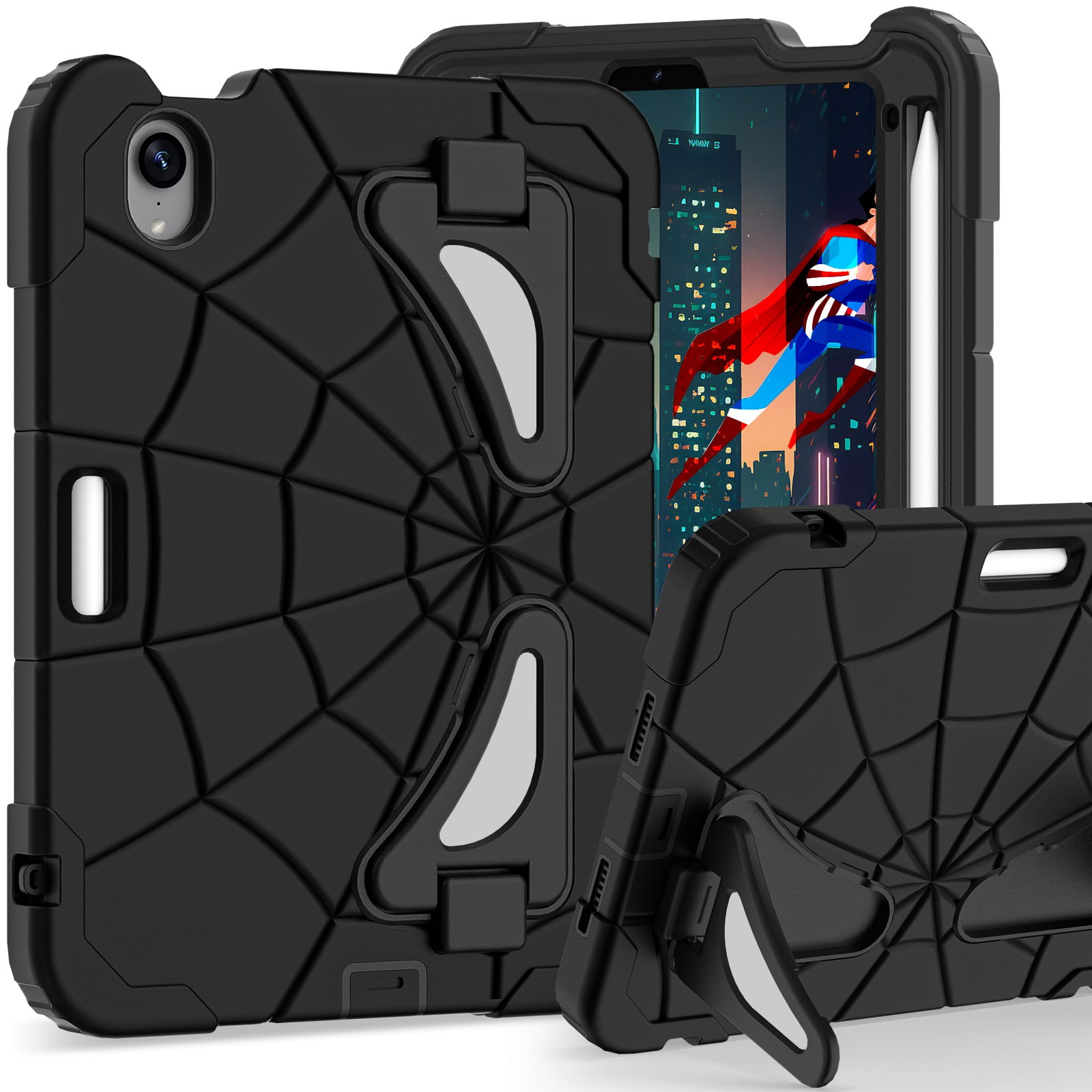ELEHOLD Kids Friendly Case For Apple iPad mini 7th(A17 Pro) 2024/6th, Heavy Duty Shockproof Rugged Protective Case with Pencil Holder Foldable Kickstand for Boys Children Case, Black