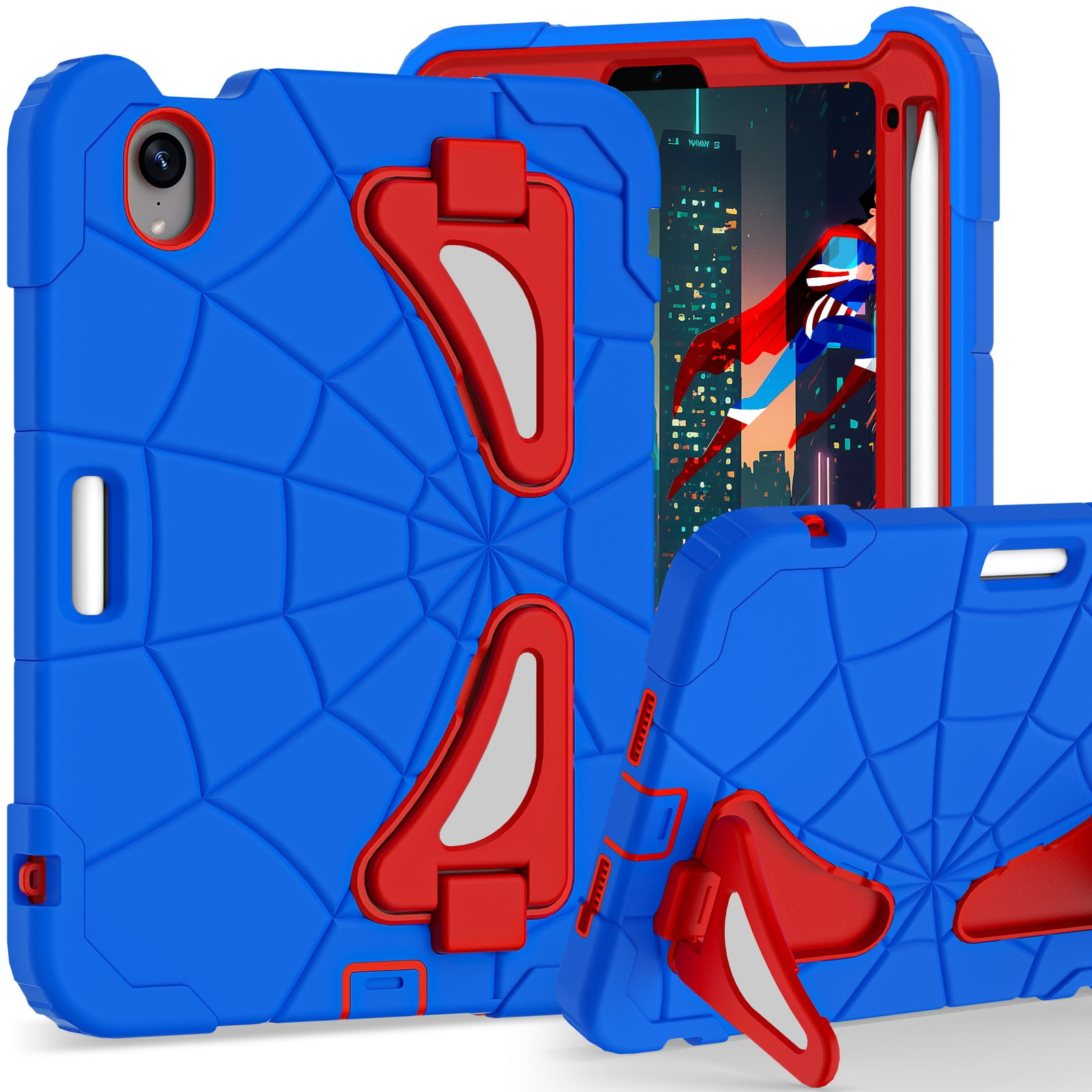 ELEHOLD Kids Friendly Case For iPad Air 11-inch M3 (2025) / M2 (2024), Heavy Duty Shockproof Rugged Protective Case with Pencil Holder Foldable Kickstand for Boys Children Case, Blue+Red