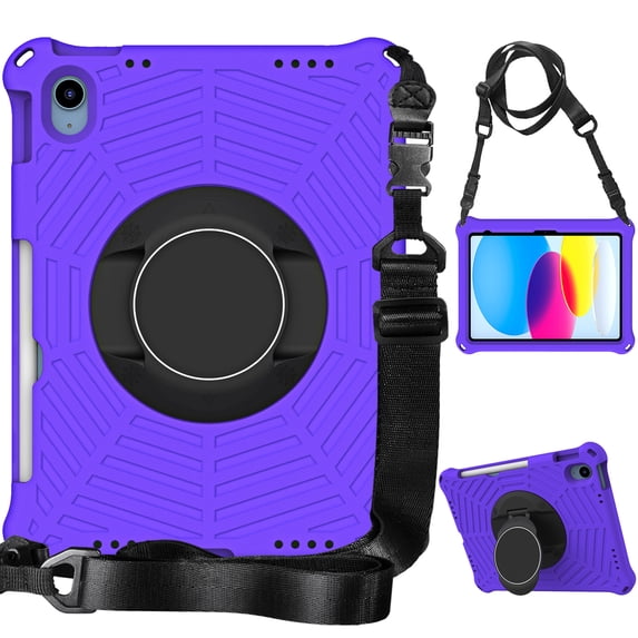 ELEHOLD Kids Heavy Duty Rugged Shockproof Case Compatible with iPad 10th Generation 10.9 inch 2022, Hard PC Case with Hand Strap 360 Rotatable Kickstand Cover Carrying Shoulder Strap,Purple