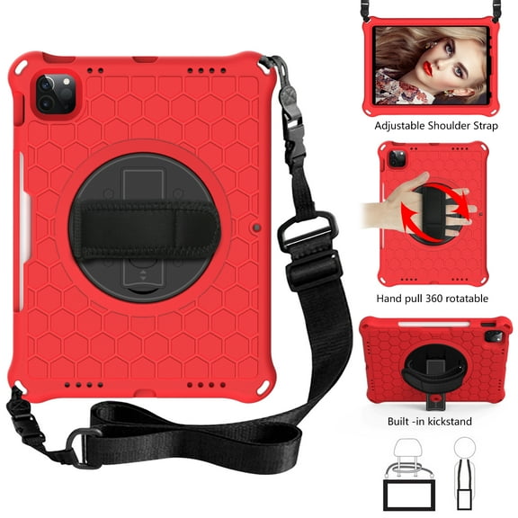 ELEHOLD Kids Heavy Duty Rugged Shockproof Case Compatible with iPad 10th Generation 10.9 inch 2022, Hard PC Case with Hand Strap Kickstand Cover Carrying Shoulder Strap,Red+Black
