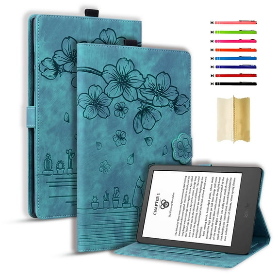 ELEHOLD for Kindle 7 inch Universal (2024) Leather Case,Embossed Flower Pattern Folio Flip Case Card Slots Kickstand Magnetic Clasp Shockproof Case for Kindle 7 inch Universal (2024) ,Green
