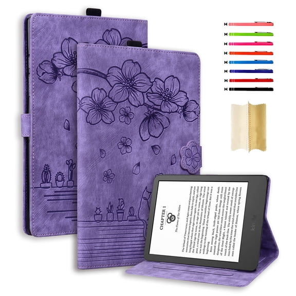 ELEHOLD for Kindle 7 inch Universal (2024) Leather Case,Embossed Flower Pattern Folio Flip Case Card Slots Kickstand Magnetic Clasp Shockproof Case for Kindle 7 inch Universal (2024) ,Purple