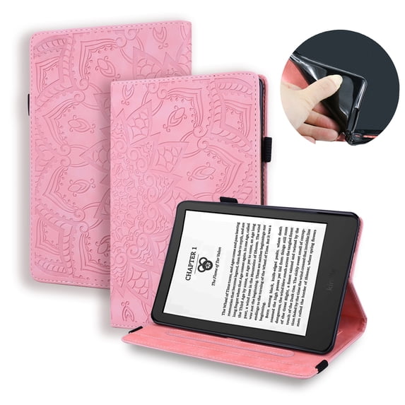 ELEHOLD for Kindle 7 inch Universal 2024 Released Paperwhite12th/Colorsoft Signature/Signature Case,Premium Embossed PU Leather Folio Cover with Card Holder Anti-Slip Multi-Angle Stand Case,Pink
