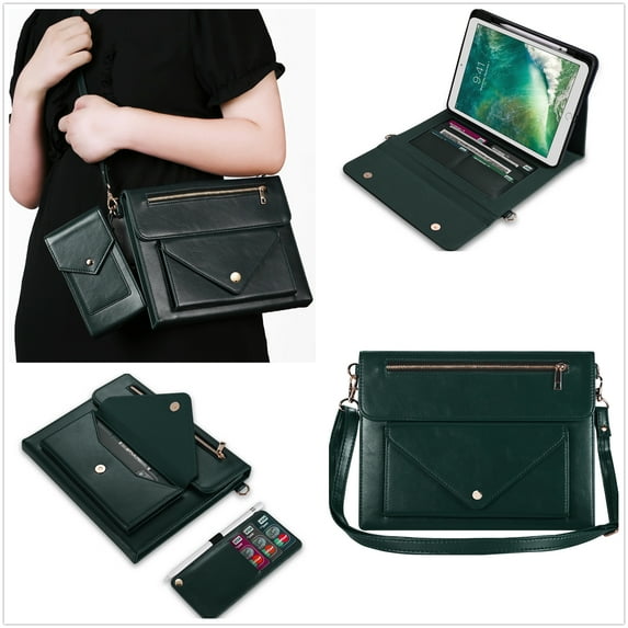 ELEHOLD Leather Bag Case for iPad Pro 11" 2022/2021/2020/2018 iPad Air 5/4 10.9" with Card Slots Zipper Storage Kickstand Function Crossbody Shoulder Strap Handstrap Phone Bag Luxury Bag Case,Green