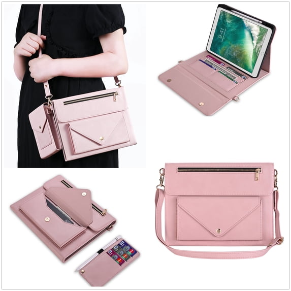 ELEHOLD Leather Bag Case for iPad Pro 12.9" 2022/2021/2020/2018 with Card Slots Zipper Storage Pencil Holder Kickstand Function Crossbody Shoulder Strap Handstrap Phone Bag Business Bag Case, Pink