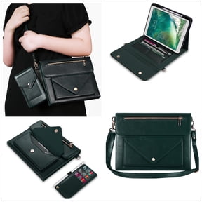 ELEHOLD Leather Bag Case for iPad Pro 12.9" 2022/2021/2020/2018 with Card Slots Zipper Storage Pencil Holder Kickstand Function Crossbody Shoulder Strap Handstrap Phone Bag Business Bag Case,Green
